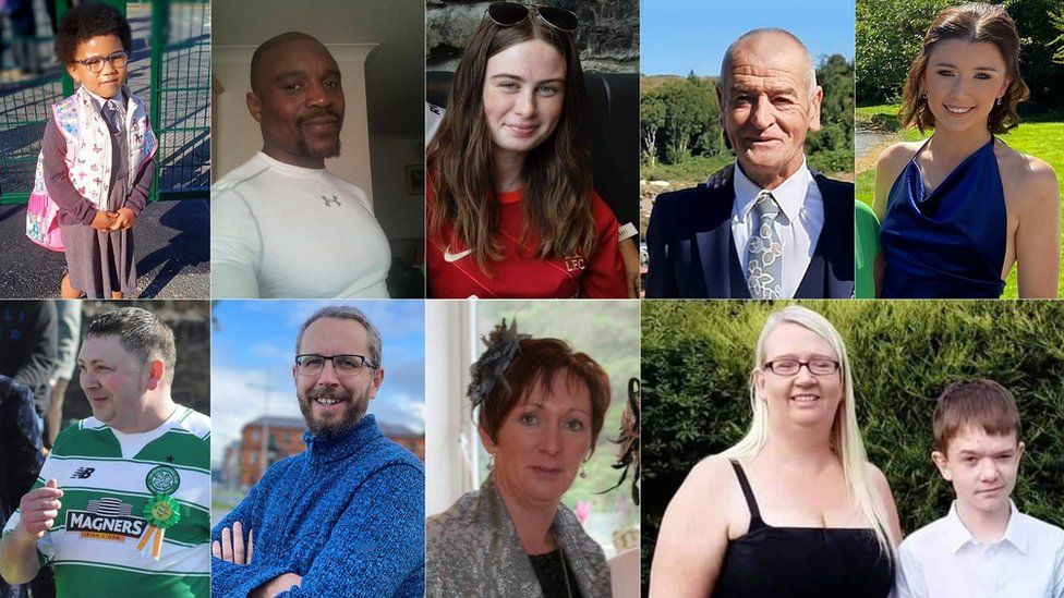 Top row left to right: Shauna Flanagan Garwe and her father Robert Garwe, Leona Harper, Hugh Kelly, Jessica Gallagher. Bottom row left to right: Martin McGill, James O'Flaherty, Martina Martin, Catherine O'Donnell and son James Monaghan