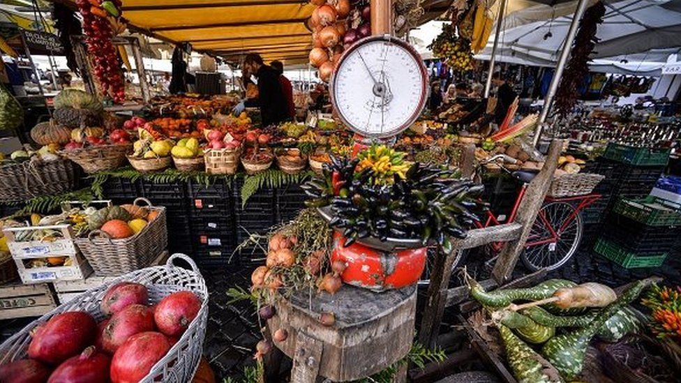 Fruit and vegetables on a stall at the Campo di Fiori food market in central Rome