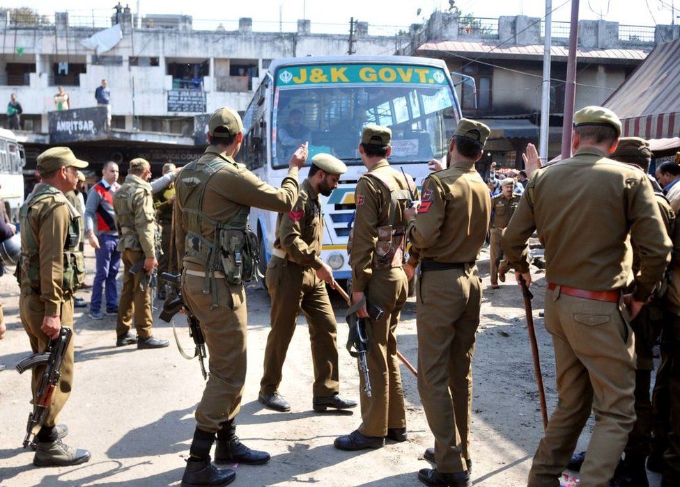 Police at the site of the blast in Jammu city on 7 March 2019.