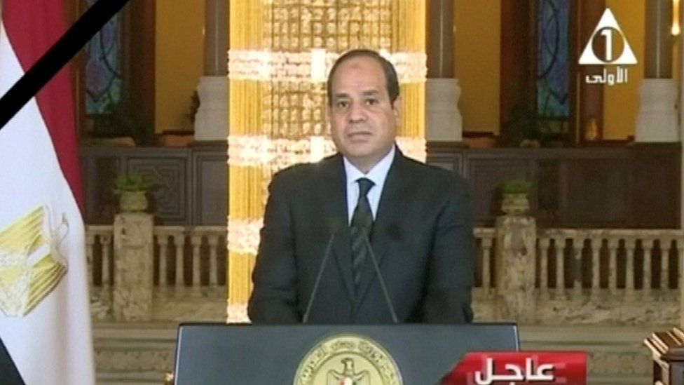 Egyptian President Abdel Fattah Al Sisi gives a televised statement on the attack in North Sinai, in Cairo, Egypt November 24, 2017 in this still taken from video