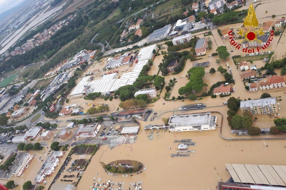 A handout photo made available by Vigili del Fuoco shows floods in the Livorno area, Italy, 10 September 2017. A