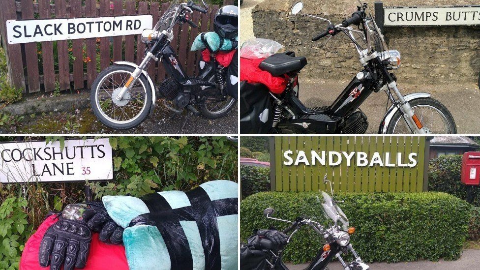 Four place name signs with a moped parked in front