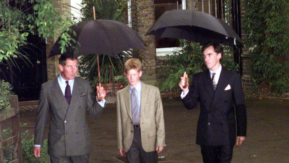 Andrew Gailey, Housemaster of Manor House, meeting Prince Harry and the Prince of Wales (now the King) at Eton College, Berkshire, arriving on his first day joining the school as a boarder