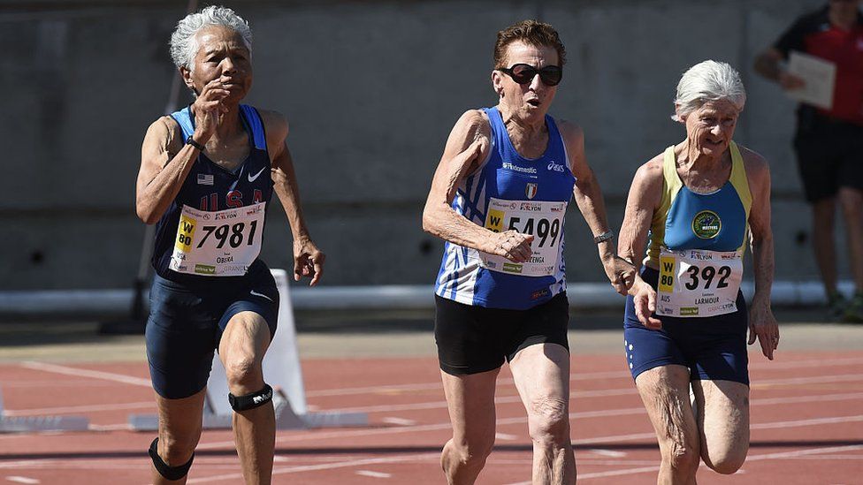 Irene Obera (l), Emma Maria Mazzenga and Constance Marmour compete at the World Masters Athletics Championships in 2015