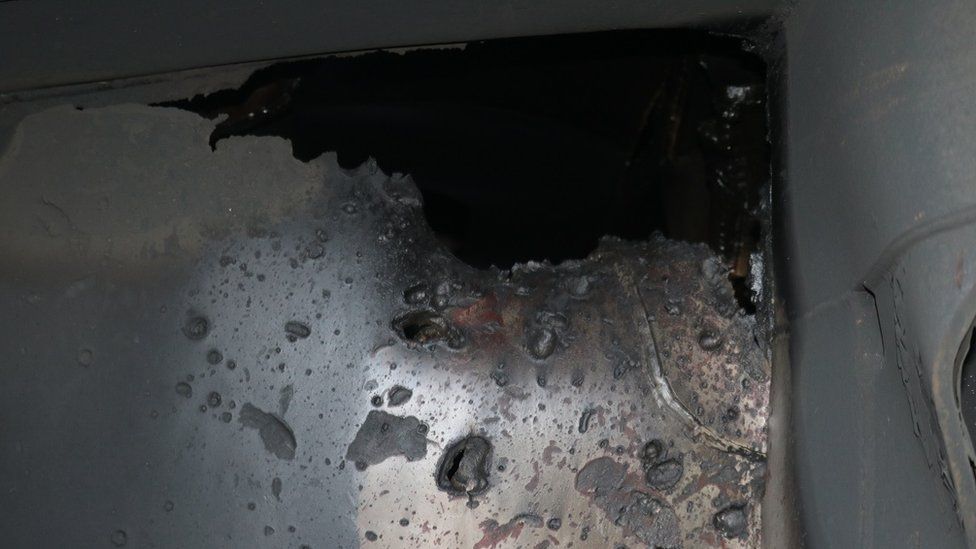 US Department of Defense: This photo is a view of internal hull penetration/blast damage sustained from a limpet mine attack on the starboard side of motor vessel M/T Kokuka Courageous, while operating in the Gulf of Oman, June 13.
