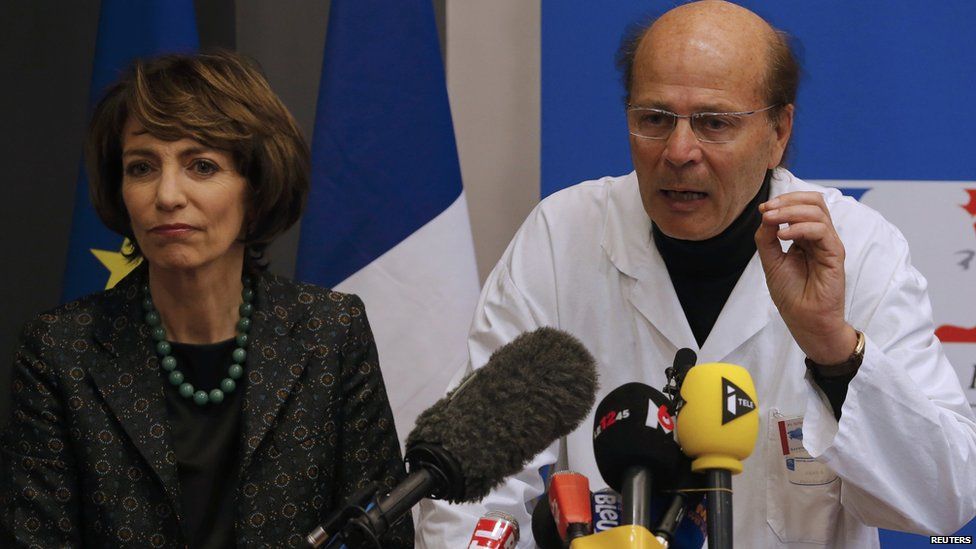 French Health Minister Marisol Touraine and Gilles Hedan, professor of clinical neurology, attend a news conference in Rennes, France, January 15, 2016