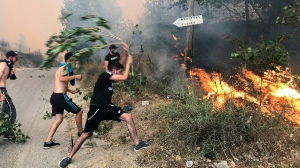 Люди пытаются потушить пожар в горной провинции Тизи-Узу, к востоку от Алжира, Алжир 10 августа 2021 г.