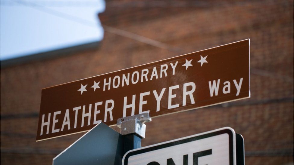 a street sign renamed in honor of Heather Heyer is seen August 10, 2018 in Charlottesville, Virginia, a year after she was killed while protesting a Unite the Right rally