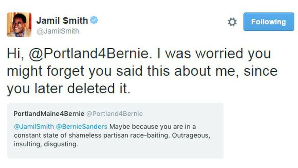 Jamil Smith screenshot of @Portland4Bernie tweet accusing him of "race-baiting"