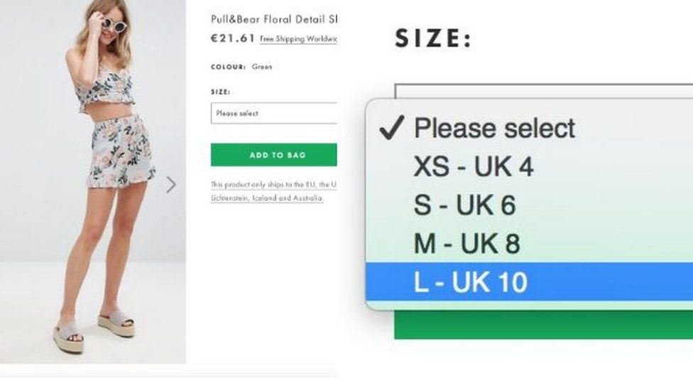 A photo of the shorts on the Asos website, showing 'large' as a size 10