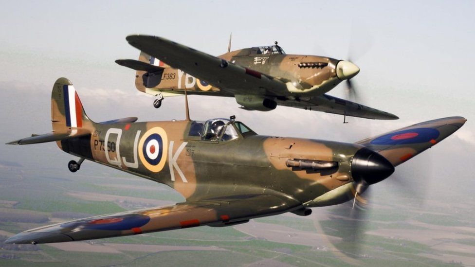 A file image of a Spitfire (front) with a Hurricane from the Battle of Britain Memorial Flight