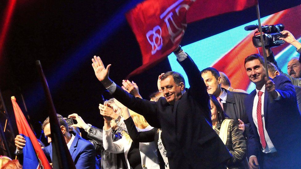 Bosnian Serb President Milorad Dodik celebrates with supporters in Pale. 25 Sept 2016