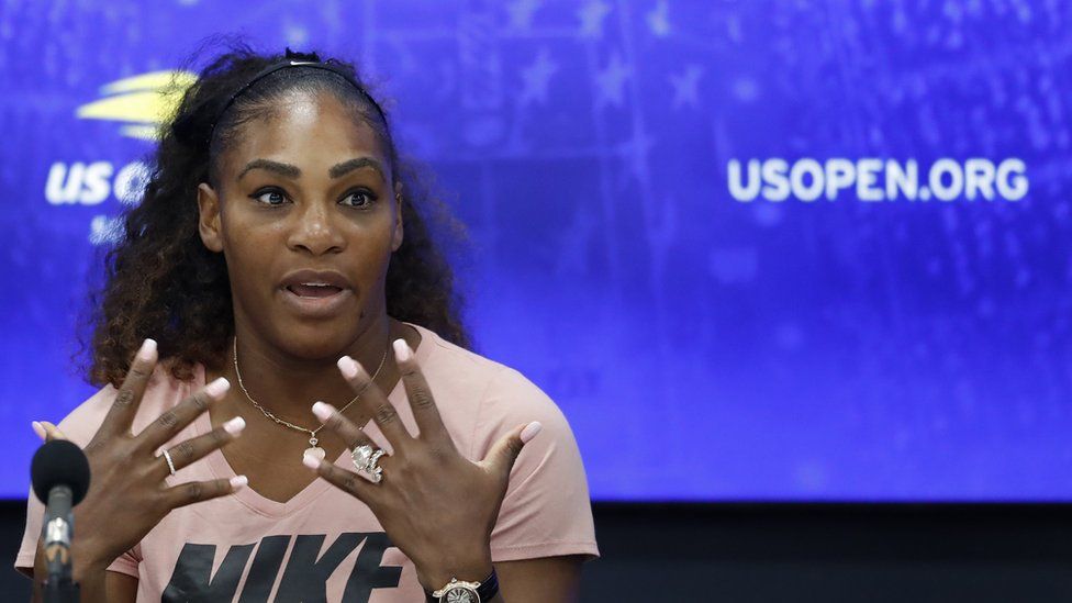 Serena Williams speaks during a press conference
