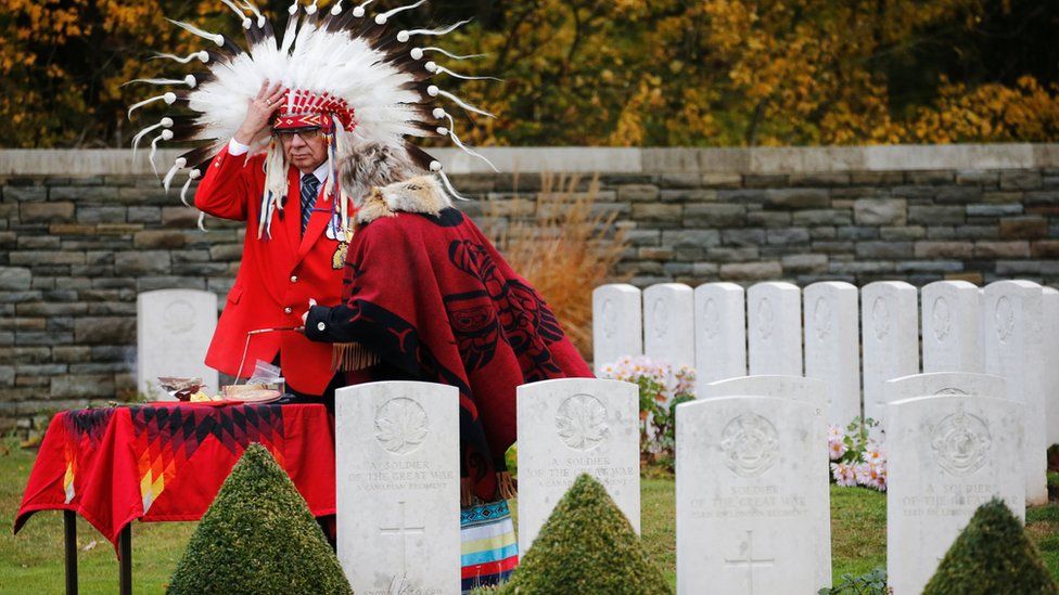 Roy Louis, a member of the Samson Cree Nation, attends a ceremony at the Canadian National Memorial at Vimy cemetery, 10 November 2018