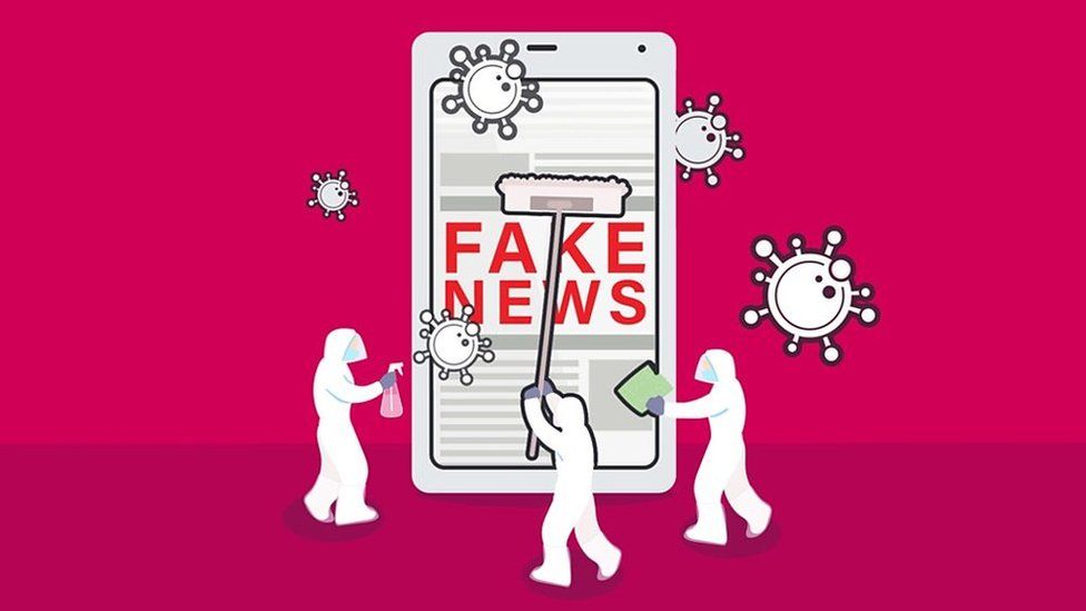 scrubbing a mobile phone with fake news clean