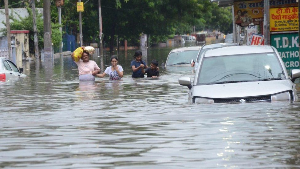 Submerged vehicles on Bihar roads