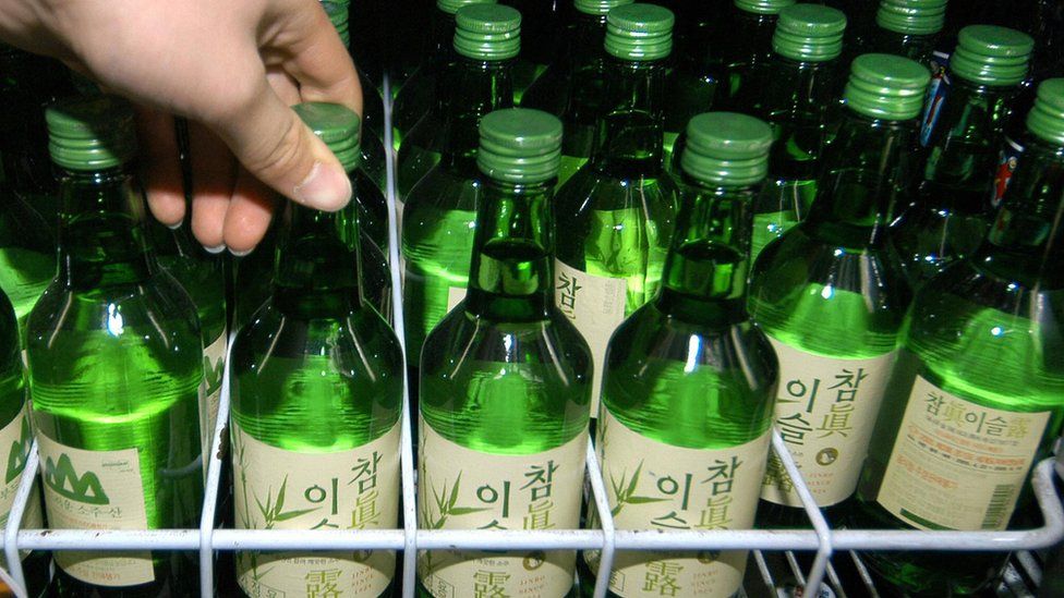 A close up of bottles of the Korean soju drink