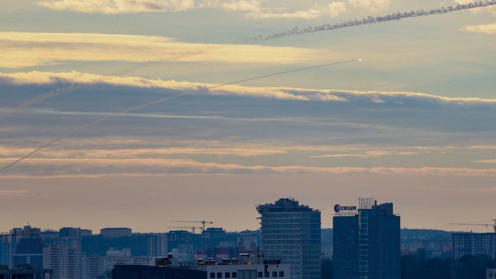 An air defence missile moves to intercept a rocket over Kyiv