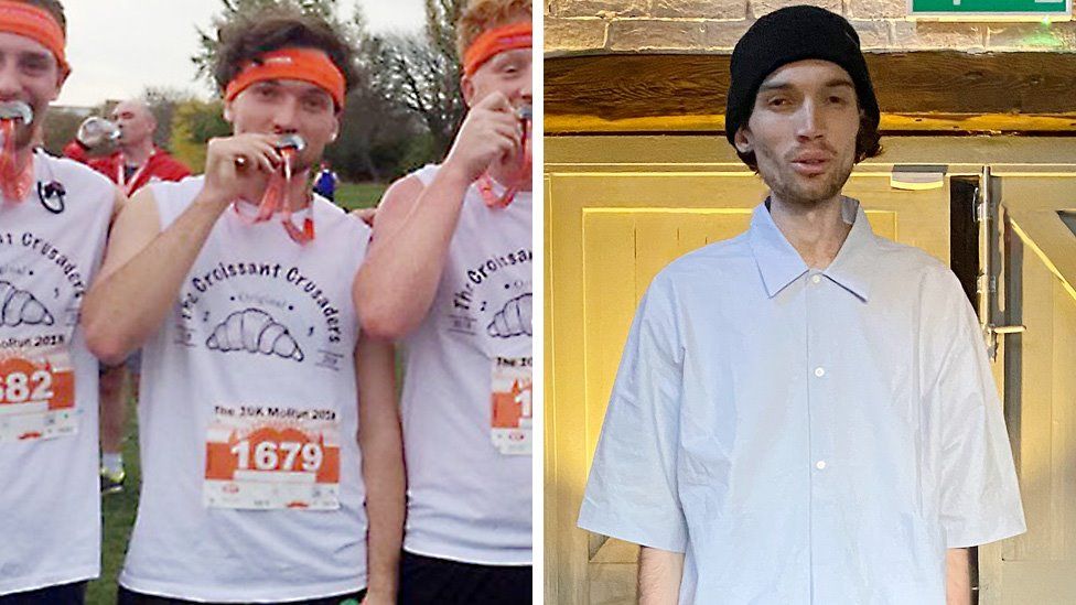Composite image showing George on the left holding a 10K running medal, and on the right after losing a large amount of weight due to his illness