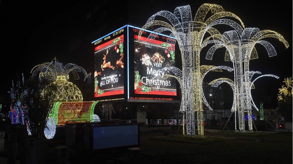 Christmas decorations light up the streets of Lagos on December 18, 2017.