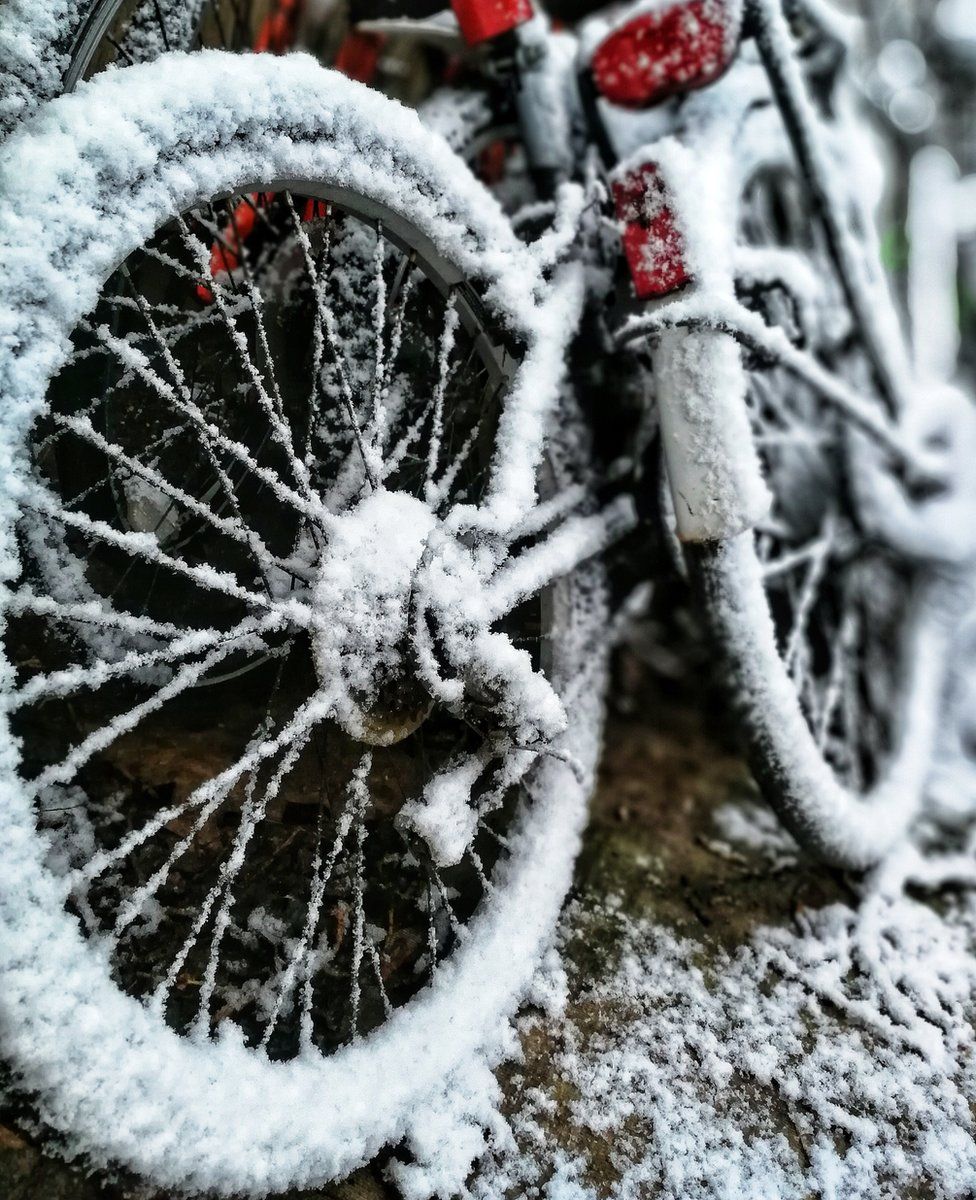 Snow covered bike wheels