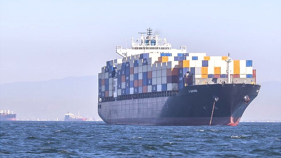 Two full container ships, and two more in the background, in the water outside Los Angeles ports