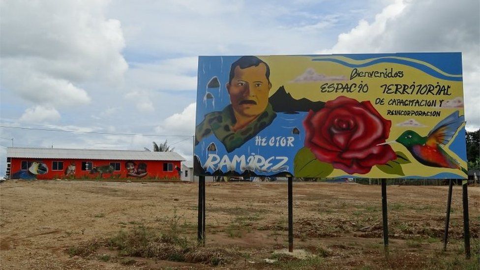A sign at the entrance to a training and rehabilitation camp in the province of Caquetá