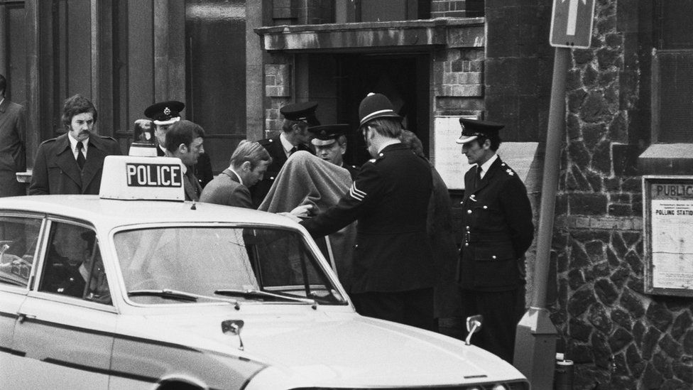 Police presence outside the court in Guildford where the Guildford Four first appeared in 1974 before their trial