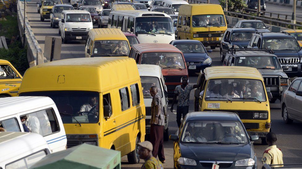 Motorists stuck in traffic jam in Lagos, Nigeria