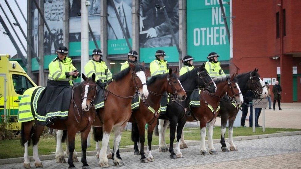 Police officers and horses at Celtic Park