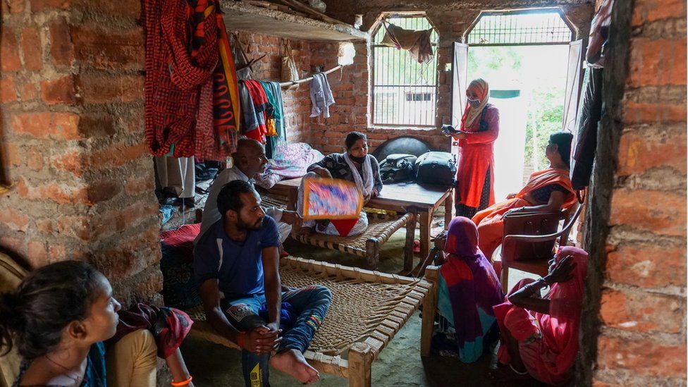 Indian survivors of domestic violence at a shelter run by Vanangana