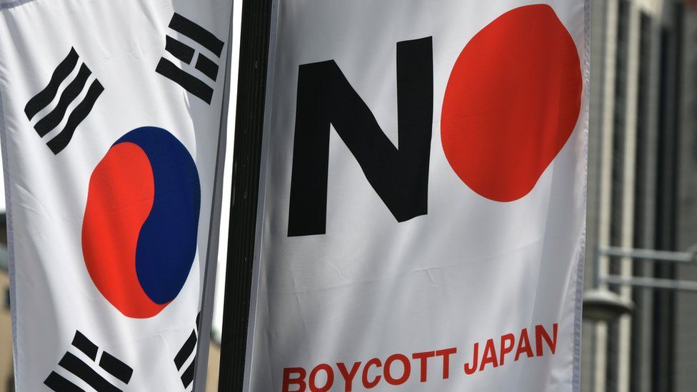 A South Korean flag and a banner that reads Boycott Japan