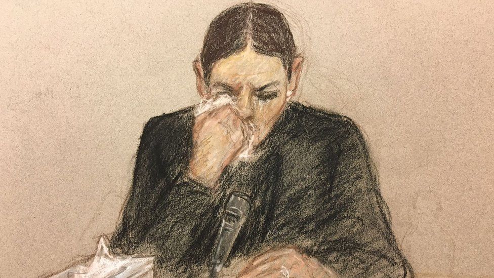 A courtroom sketch of Rebekah Vardy crying in the witness box on Wednesday