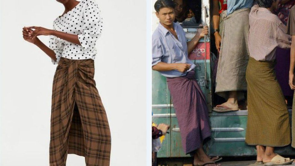 Model wearing Zara lungi and Burmese men wearing lungis