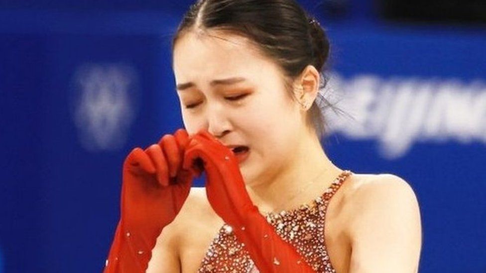 19-year-old Zhu Yi crying after the completion of her single free skate performance on Monday