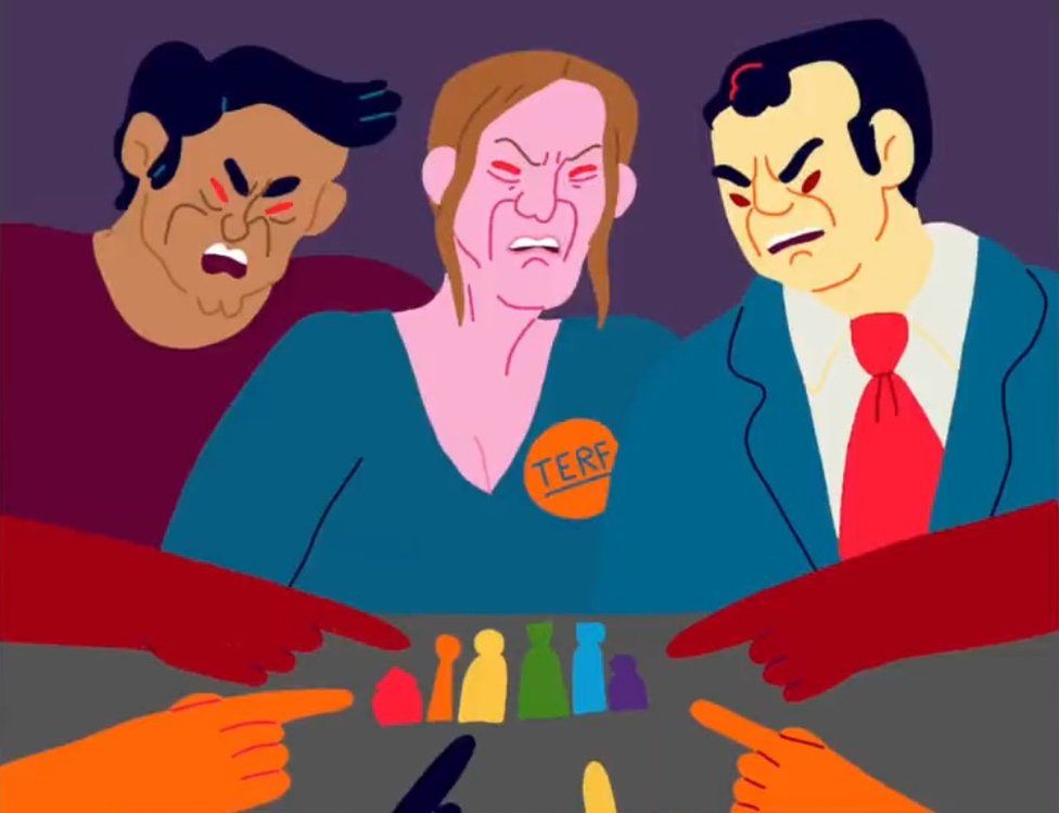 Still from Oxfam animation showing three characters with red eyes in a section saying LGBTQIA+ people around the world were being "preyed on by hate groups online and offline"