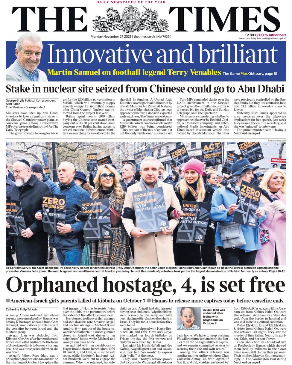 The main headline on the Times reads "Orphaned hostage, 4, is set free"