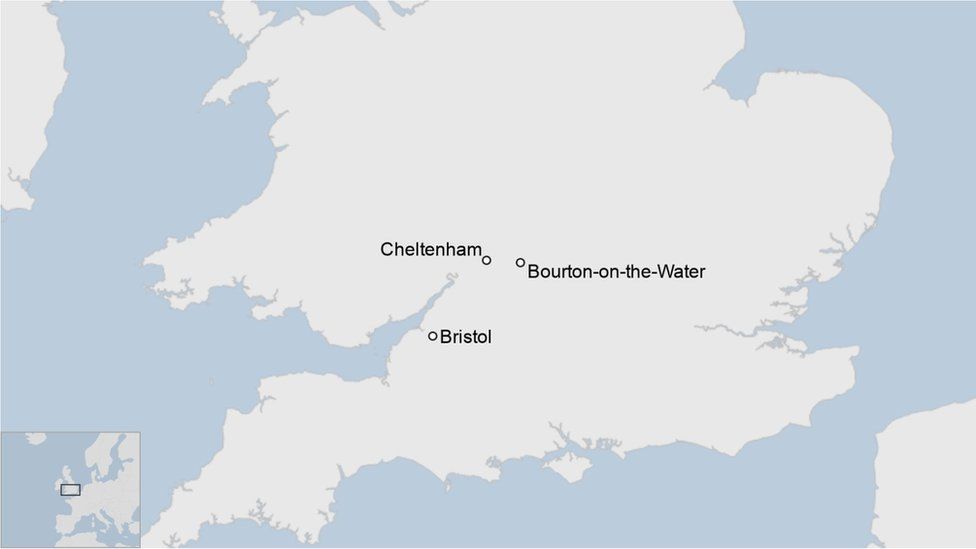 Map showing Cheltenham, Bourton-on-the-Water and Bristol