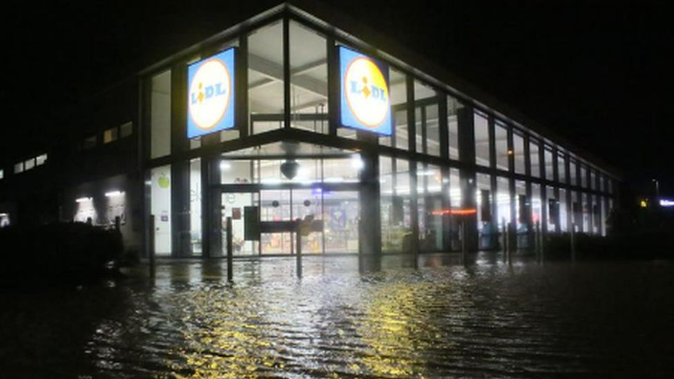 A flooded Lidl store in Bourne