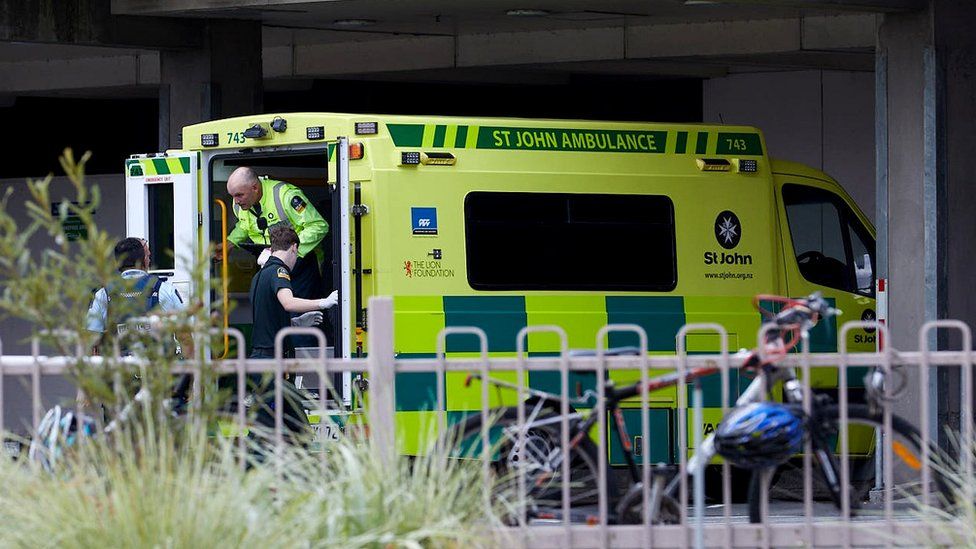 An ambulance carries wounded person to the hospital after gunmen attacked the two mosques and fired multiple times during Friday prayers in Christchurch, New Zealand on March 15, 2019