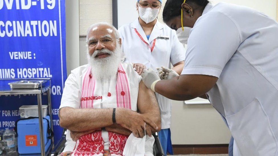 PM Narendra Modi gets Covid jab as India scales up vaccination - BBC News