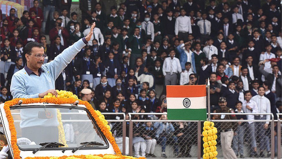 Chief Minister of Delhi Arvind Kejriwal, wave the People inception Guard of owner Parade March on the Occasion of Delhi State 74th Republic Day celebration at Chhatrasal Stadium on January 25,