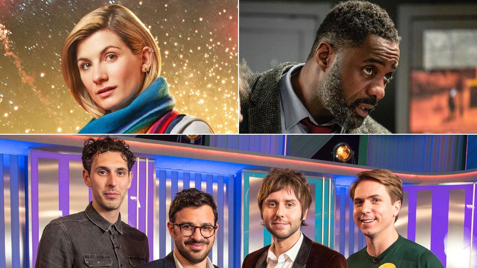 Clockwise from top left: Jodie Whittaker as The Doctor, Idris Elba in Luther, the cast of The Inbetweeners