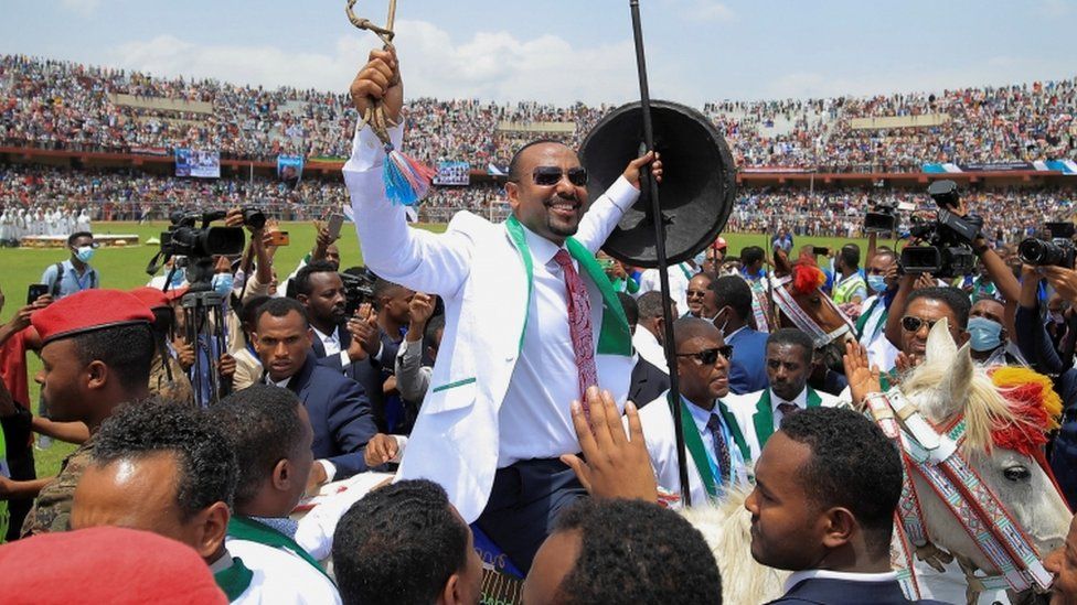 Ethiopian Prime Minister Abiy Ahmed attends his last campaign event ahead of Ethiopia's parliamentary and regional elections in Jimma, Ethiopia, 16 June 2021