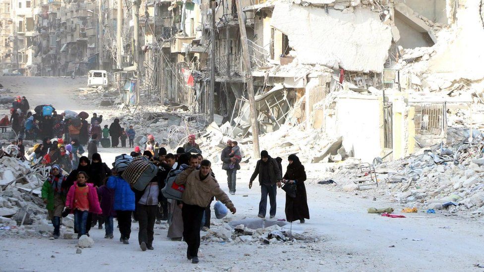 Photograph from pro-opposition Aleppo Media Centre Displaced civilians walk past damaged buildings in Aleppo, Syria (29 November 2016)