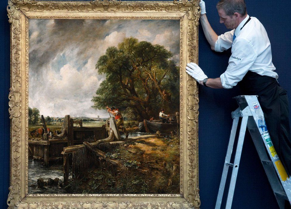 The Lock by John Constable hangs on a blue wall