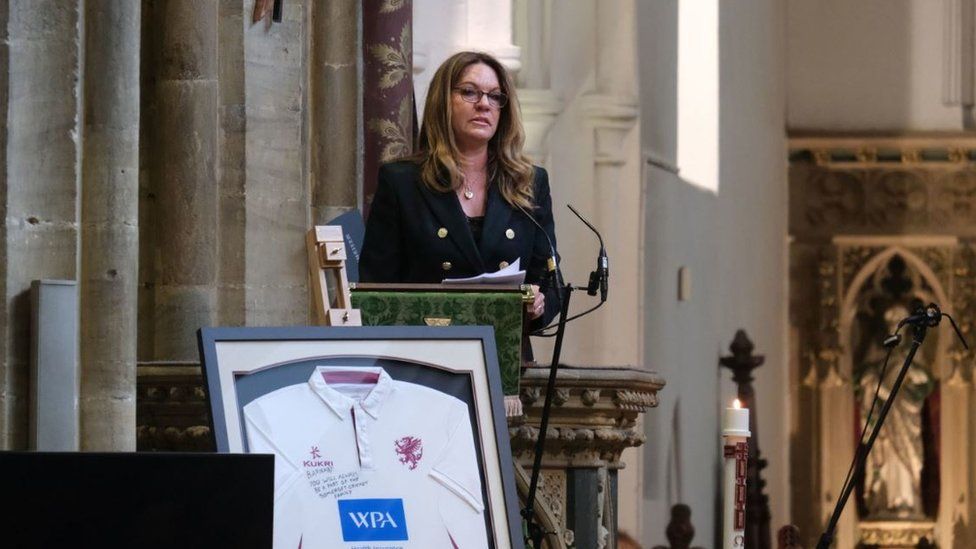 Mum Emma Webber giving a speech at the funeral