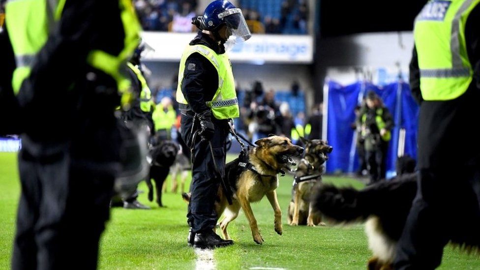 A police officer with a dog at The Den