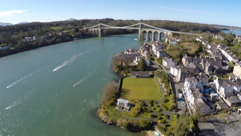 The Menai Strait and Menai bridge