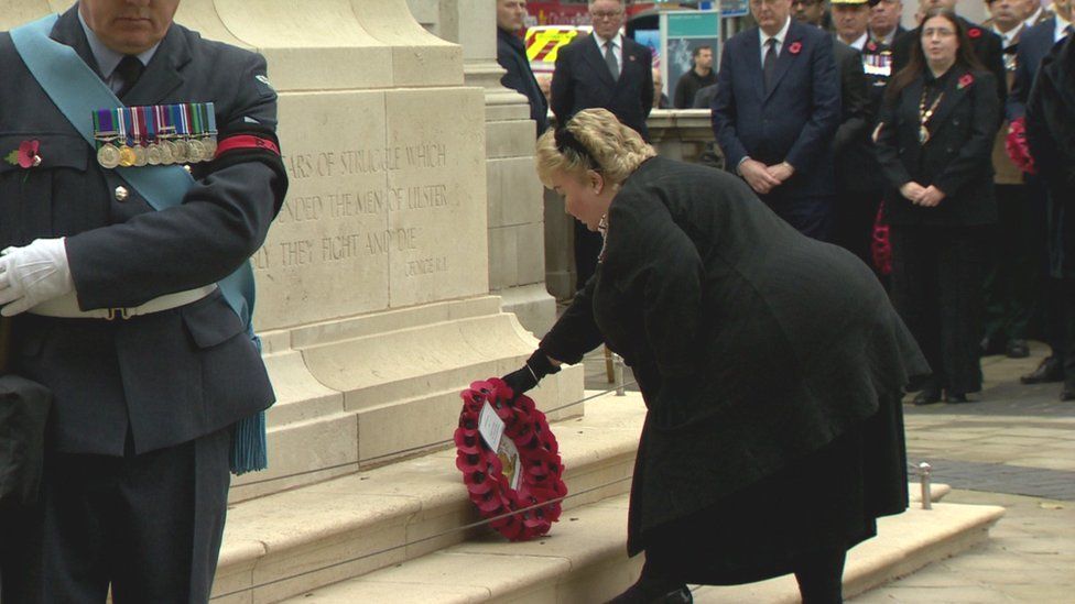 Lord Lieutenant of Belfast Dame Fionnuala Jay-O'Boyle laying a wreath